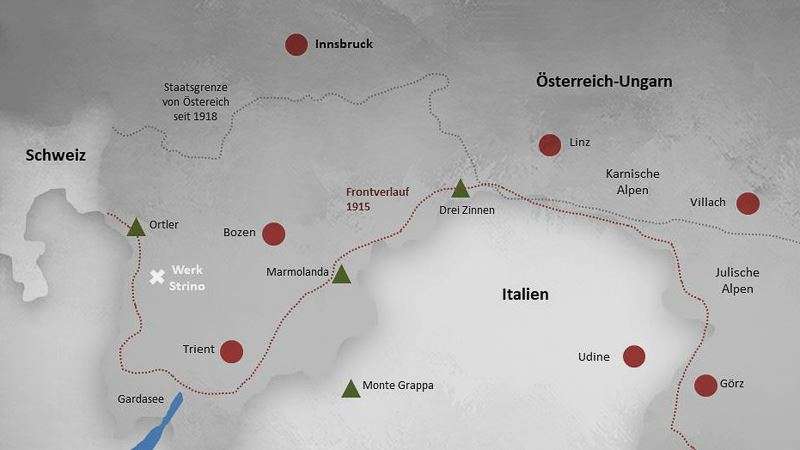 Sperrwerk Strino. Verlauf der Alpenfront zwischen Österreich-Ungarn und Italien 1915. 