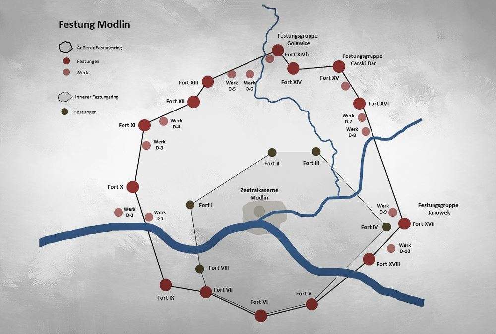 Karte: Fetsung Modlin - russische Festungen im 19. Jahrhundert